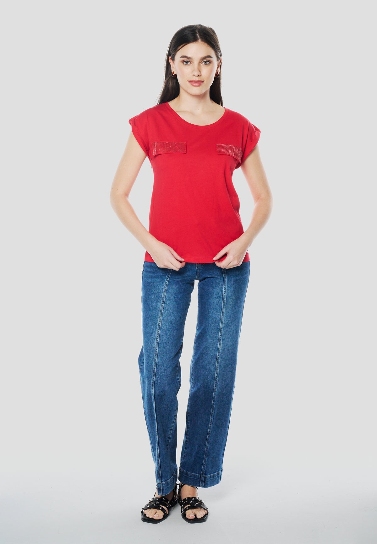 Camiseta manga corta bolsillos brillos mujer roja - Koroshi 2612TP16
