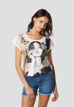 White women's short-sleeved t-shirt with artistic print of butterflies face - Koroshi 2612TP21