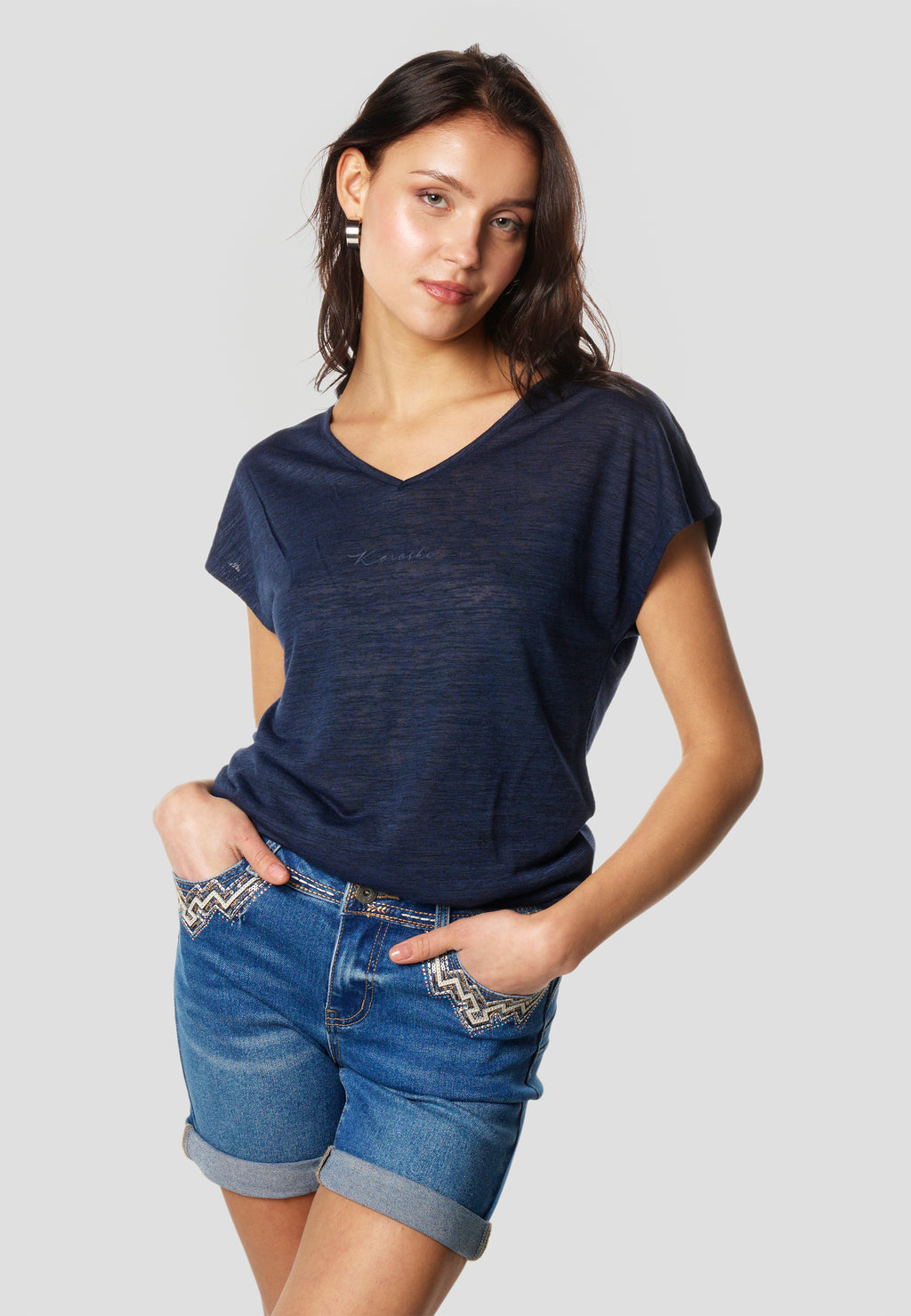 T-shirt manches courtes femme bleu marine logo pailleté - Koroshi 2612TP29
