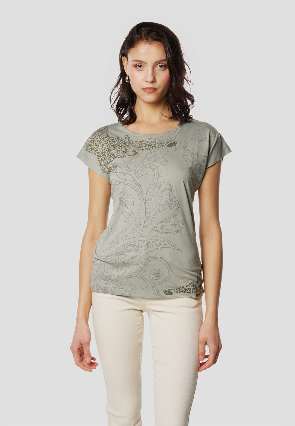 Khakifarbenes Damen-Kurzarm-T-Shirt mit Kaschmir-Print – Koroshi 2612TP41