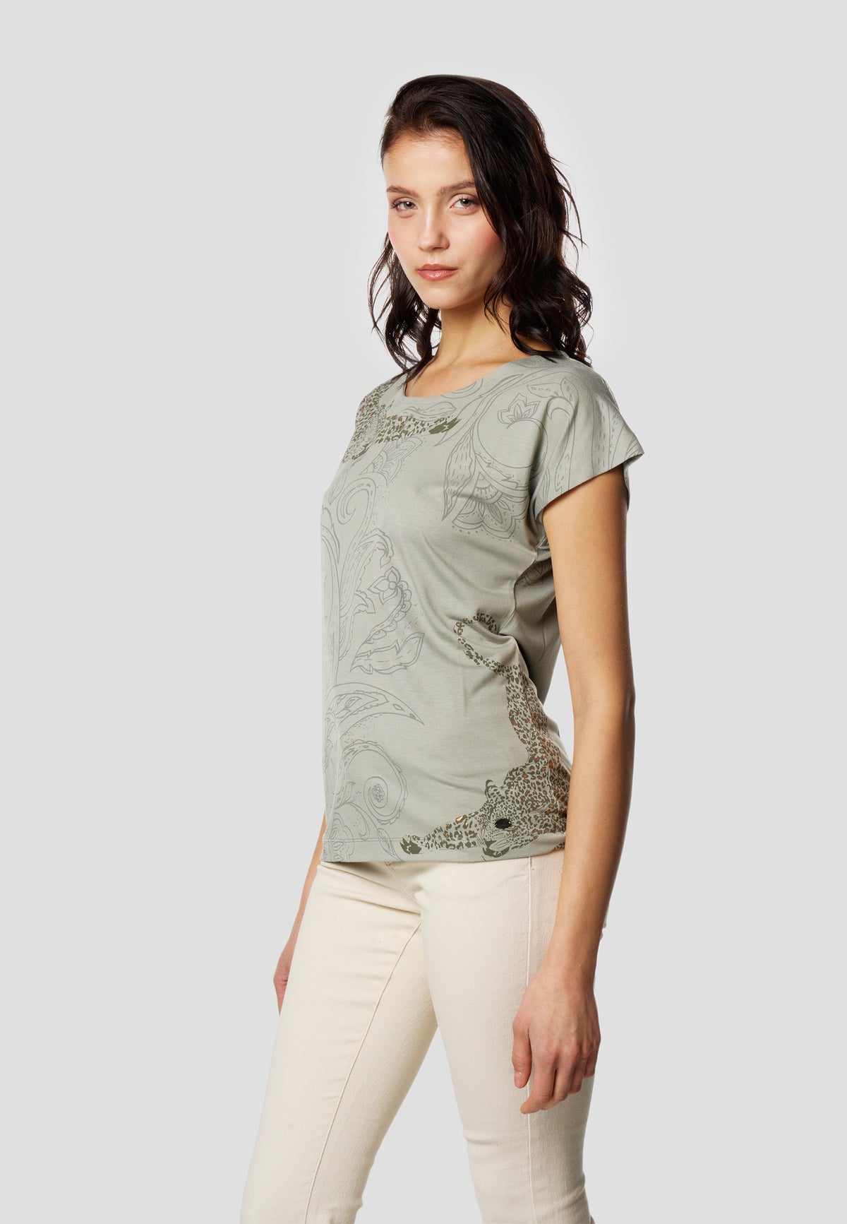 Khakifarbenes Damen-Kurzarm-T-Shirt mit Kaschmir-Print – Koroshi 2612TP41