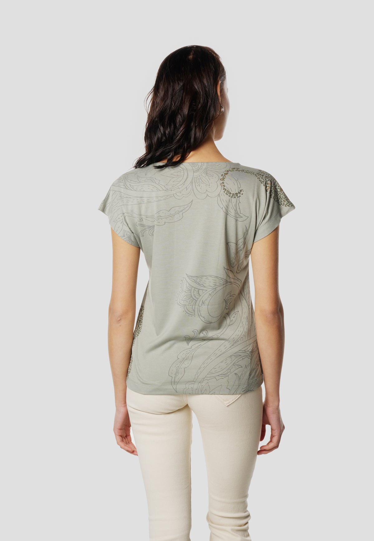 Khakifarbenes Damen-Kurzarm-T-Shirt mit Kaschmir-Print – Koroshi 2612TP41