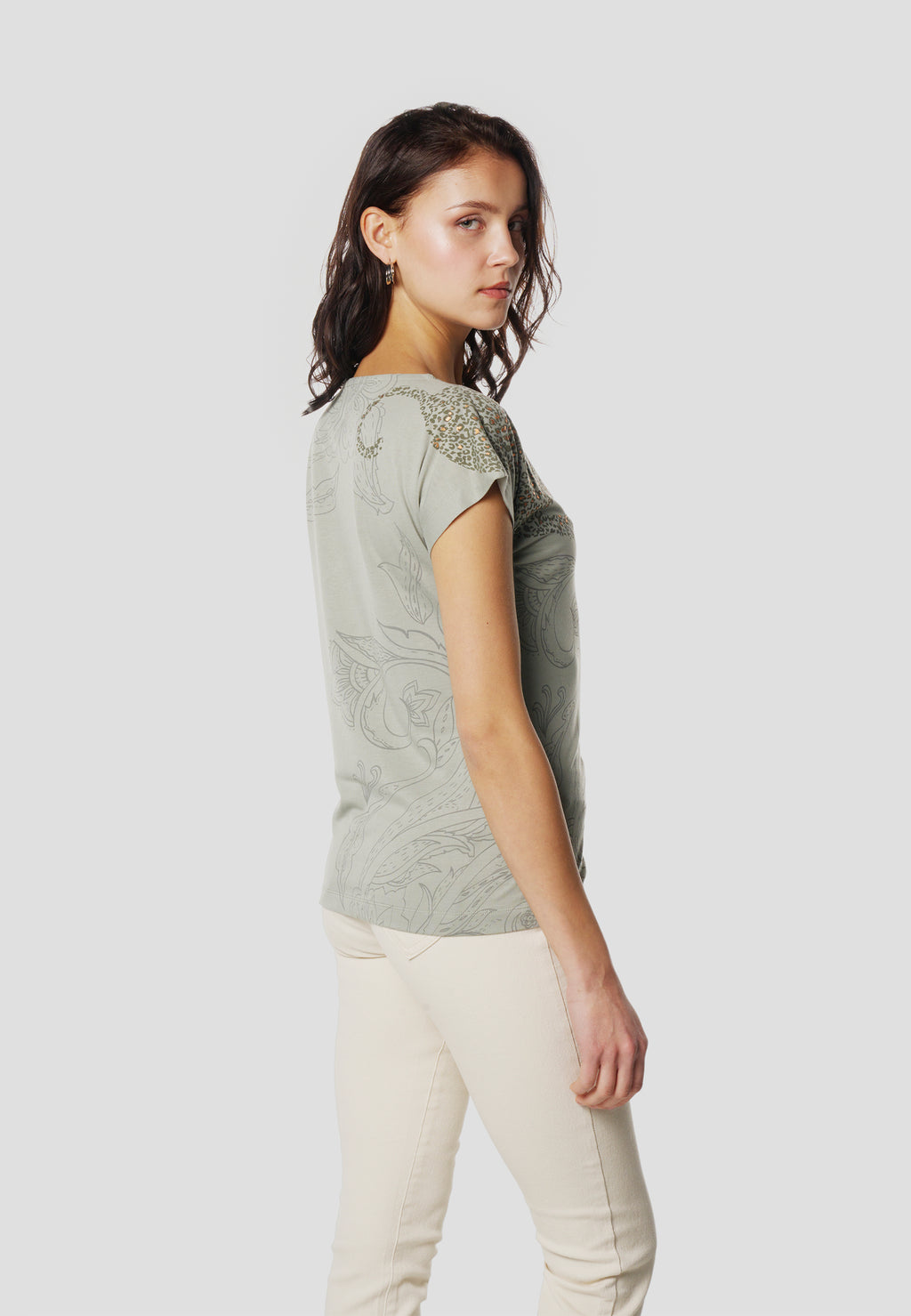 Khakifarbenes Damen-Kurzarm-T-Shirt mit Kaschmir-Print – Koroshi 2612TP41