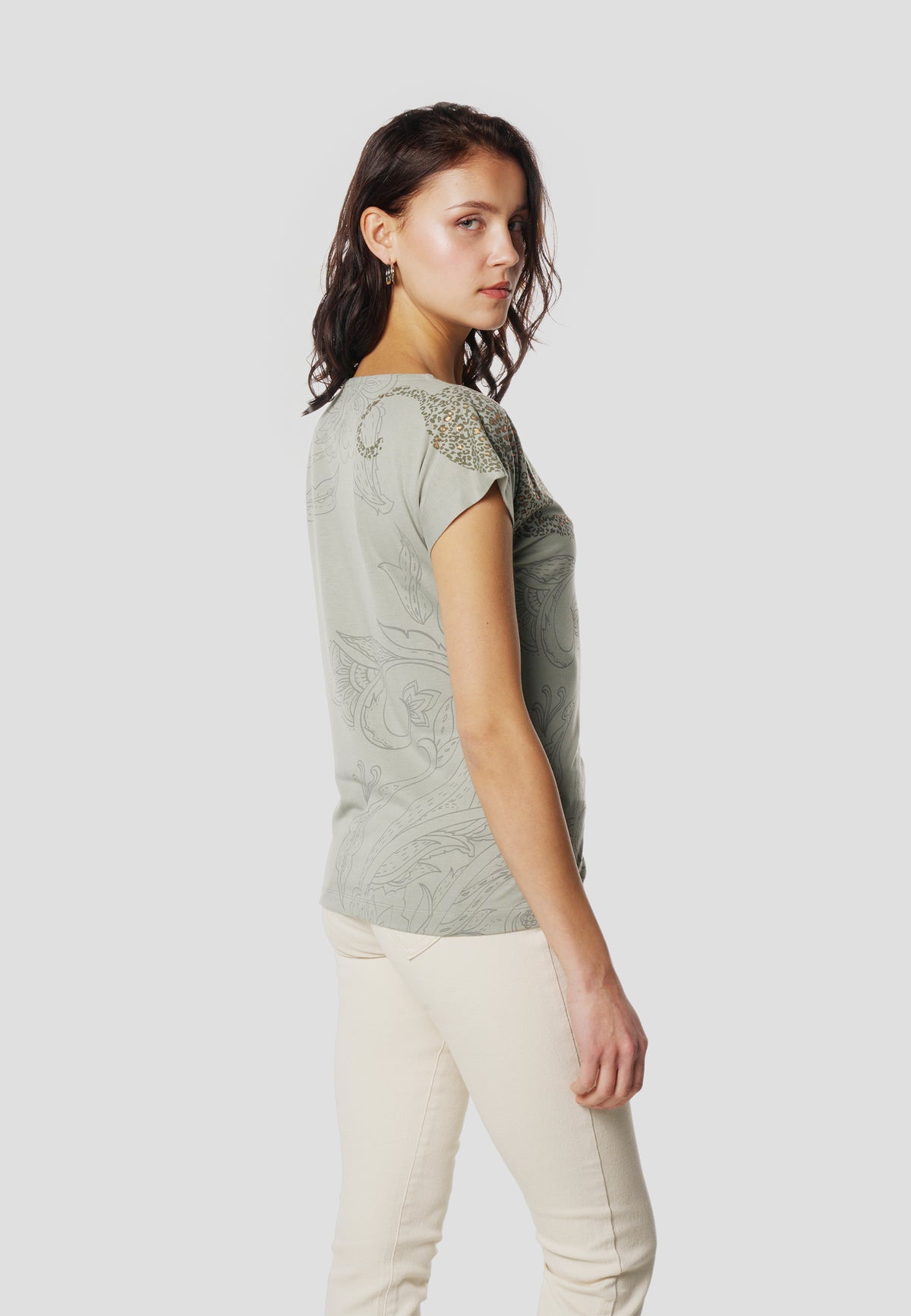 Khakifarbenes Damen-Kurzarm-T-Shirt mit Kaschmir-Print – Koroshi 2612TP41
