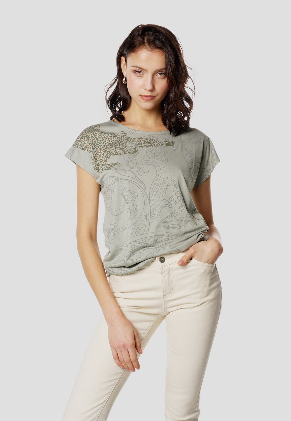 Khakifarbenes Damen-Kurzarm-T-Shirt mit Kaschmir-Print – Koroshi 2612TP41