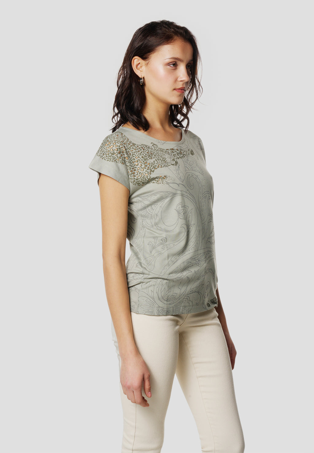 Khakifarbenes Damen-Kurzarm-T-Shirt mit Kaschmir-Print – Koroshi 2612TP41
