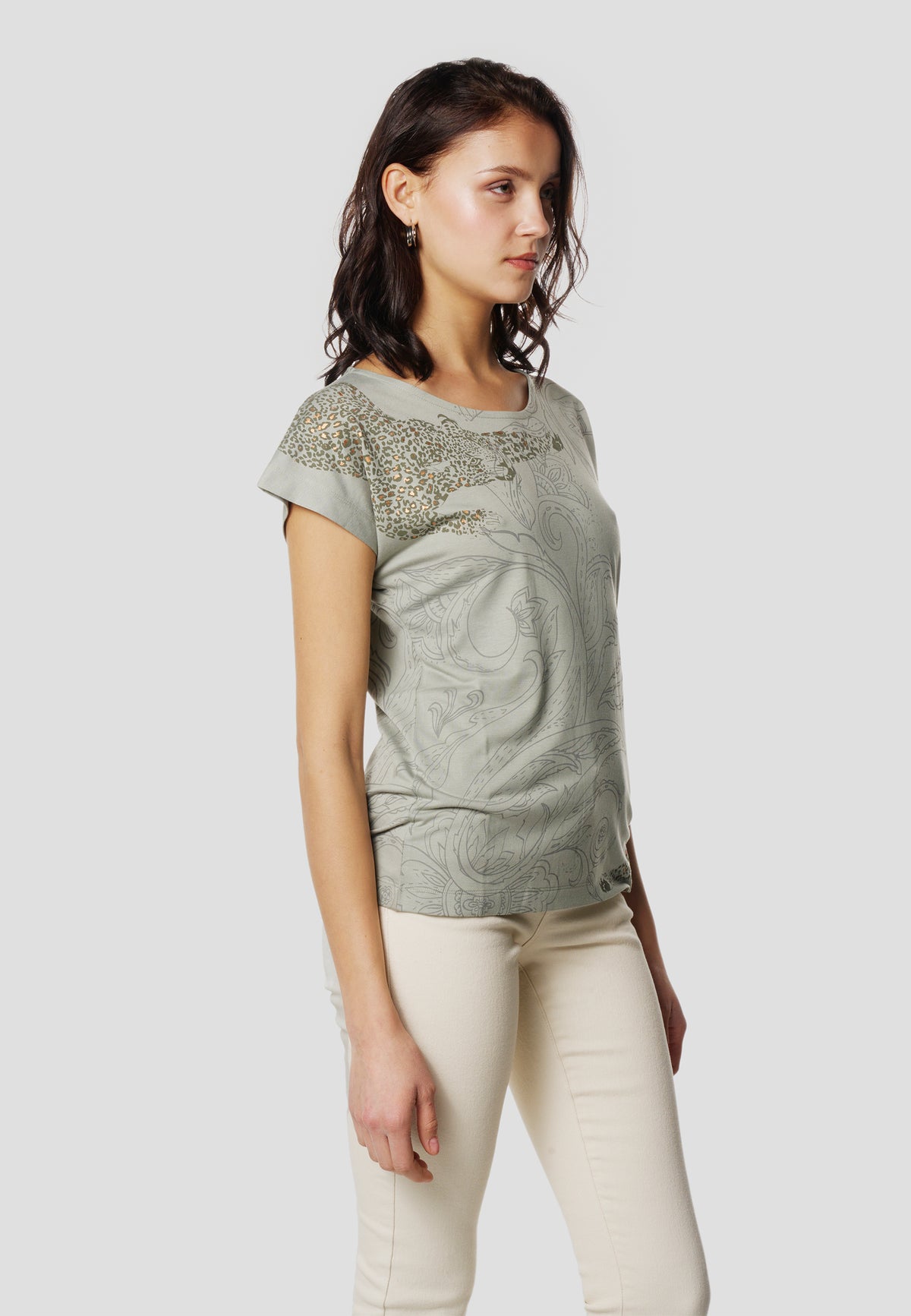 Khakifarbenes Damen-Kurzarm-T-Shirt mit Kaschmir-Print – Koroshi 2612TP41