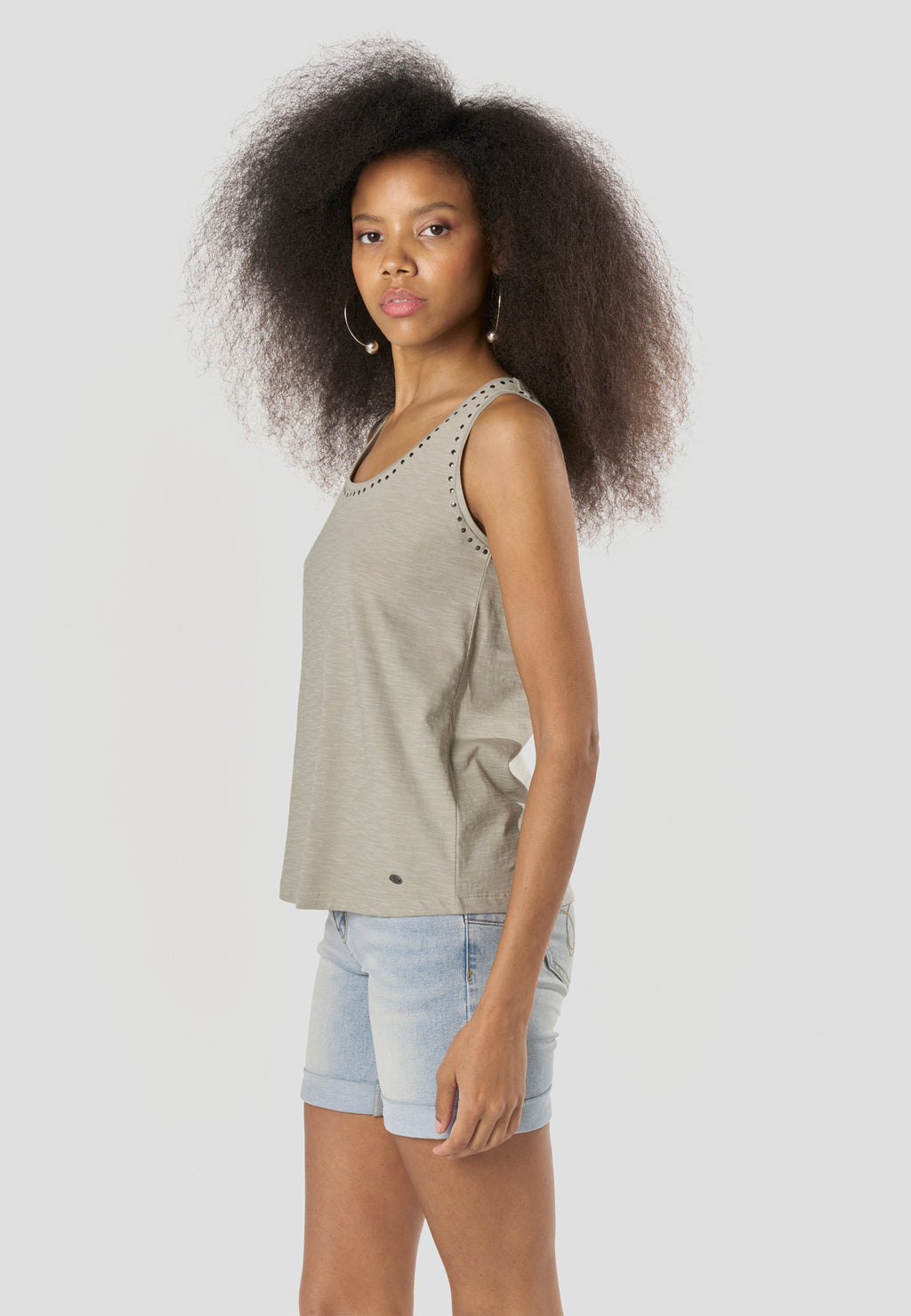 Khaki women's studded neckline tank top - Koroshi 2612TP70