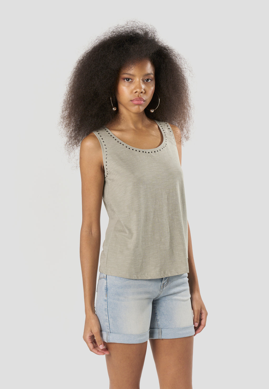 Khaki women's studded neckline tank top - Koroshi 2612TP70