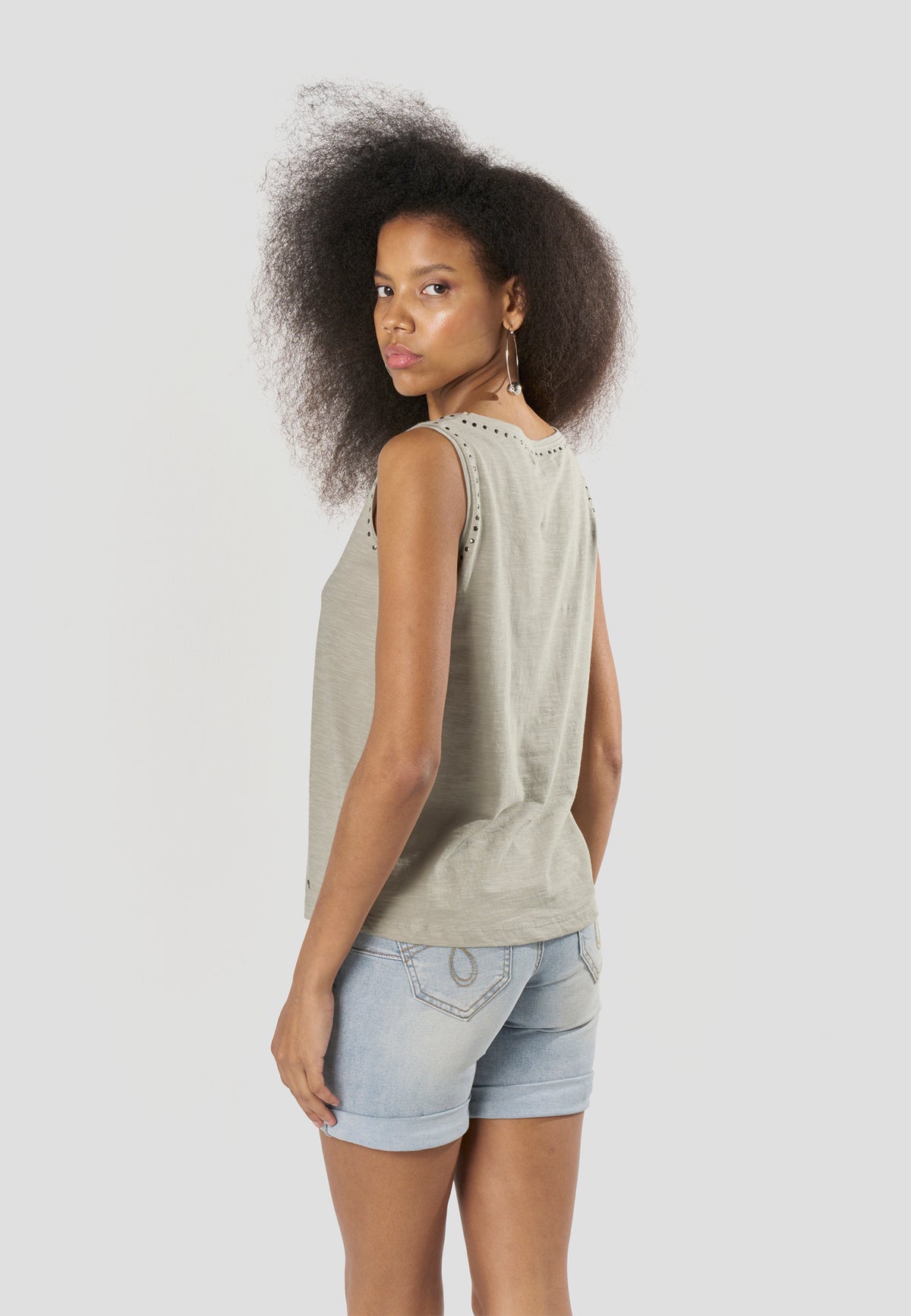 Khaki women's studded neckline tank top - Koroshi 2612TP70