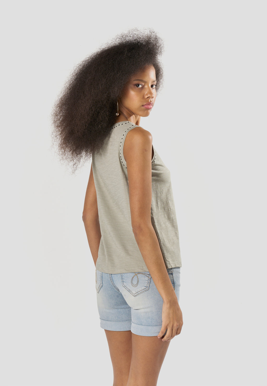 Khaki women's studded neckline tank top - Koroshi 2612TP70