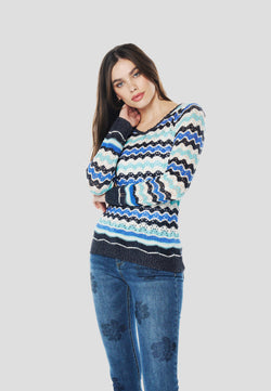 Jersey punto pointelle rayas mujer azul - Koroshi 2612TR06