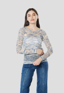 Blauer Pointelle-Strickpullover für Damen mit Metallic-Garn – Koroshi 2612TR25
