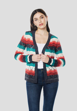 Multicolour striped pointelle knit cardigan for women - Koroshi 2612TR84