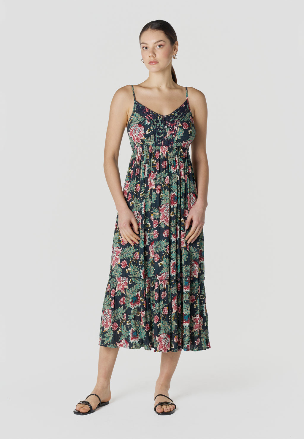 Mehrfarbiges langes Trägerkleid mit Blumenmuster für Damen – Koroshi 2612VS85