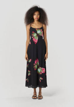 Long flowy dress with butterfly print straps for women in black - Koroshi 2612VS87
