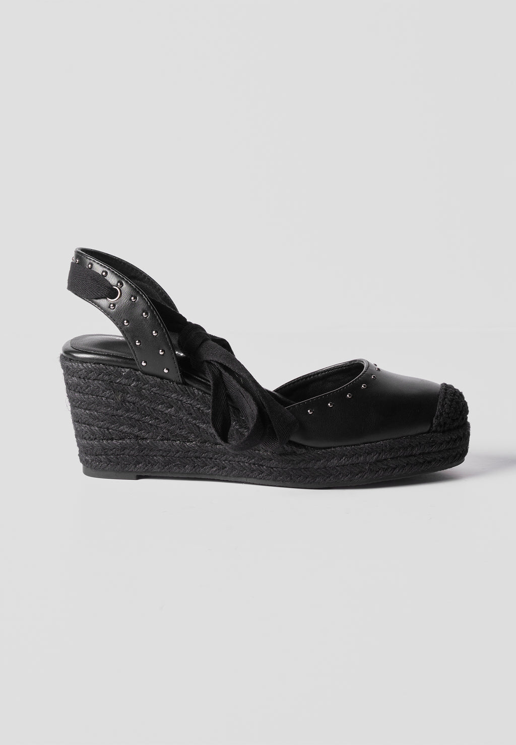 Sandale compensée mi-sparte femme noire effet cuir