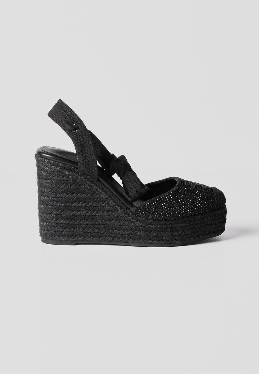 Alpargatas Cuña Alta Esparto Negras Cuero Sintético Mujer 9 cm