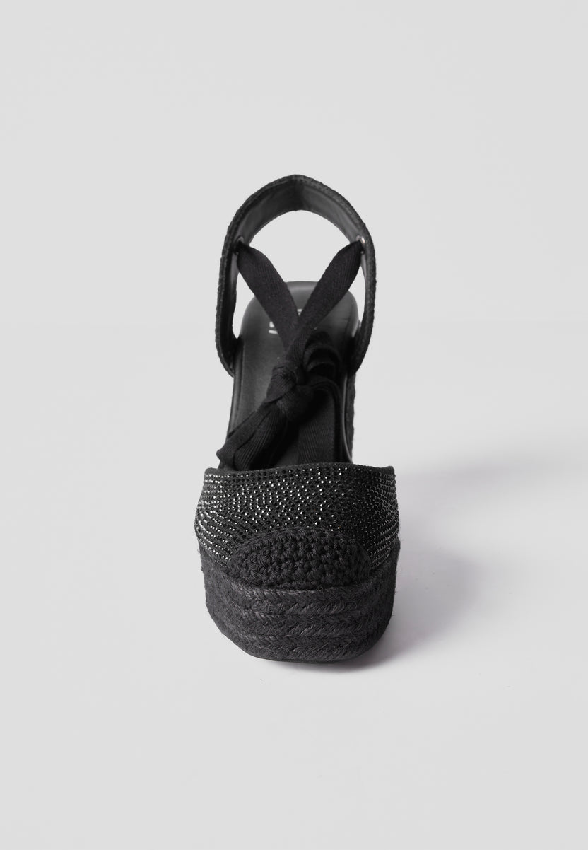 Alpargatas Cuña Alta Esparto Negras Cuero Sintético Mujer 9 cm