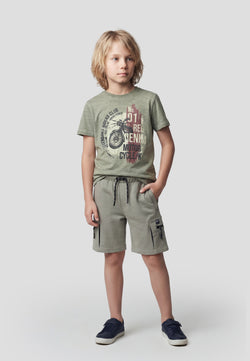 Motorcycle printed short sleeve t-shirt BOYS khaki - Koroshi 2614MC01