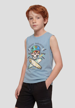 T-shirt sans manches imprimé garçon bleu - Koroshi 2614MS04
