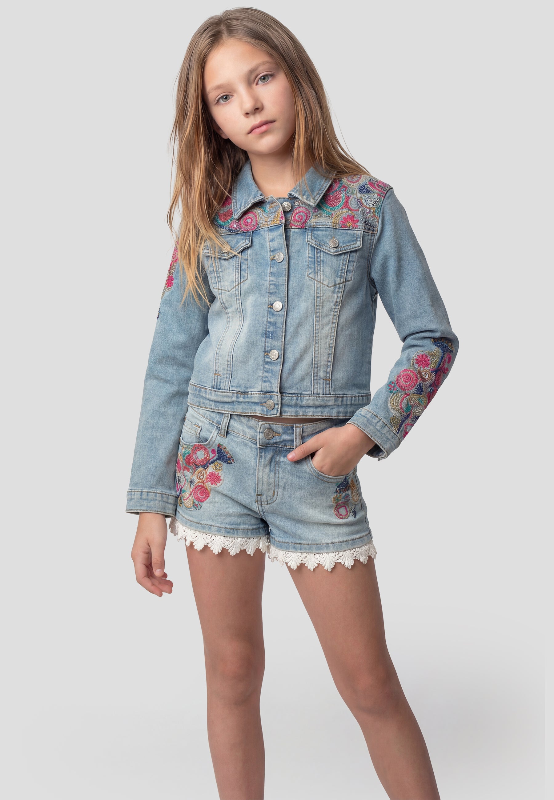 Jaqueta caçadora texana denim brodada nena