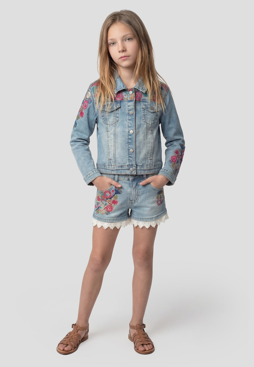 Floral embroidered denim shorts GIRLS