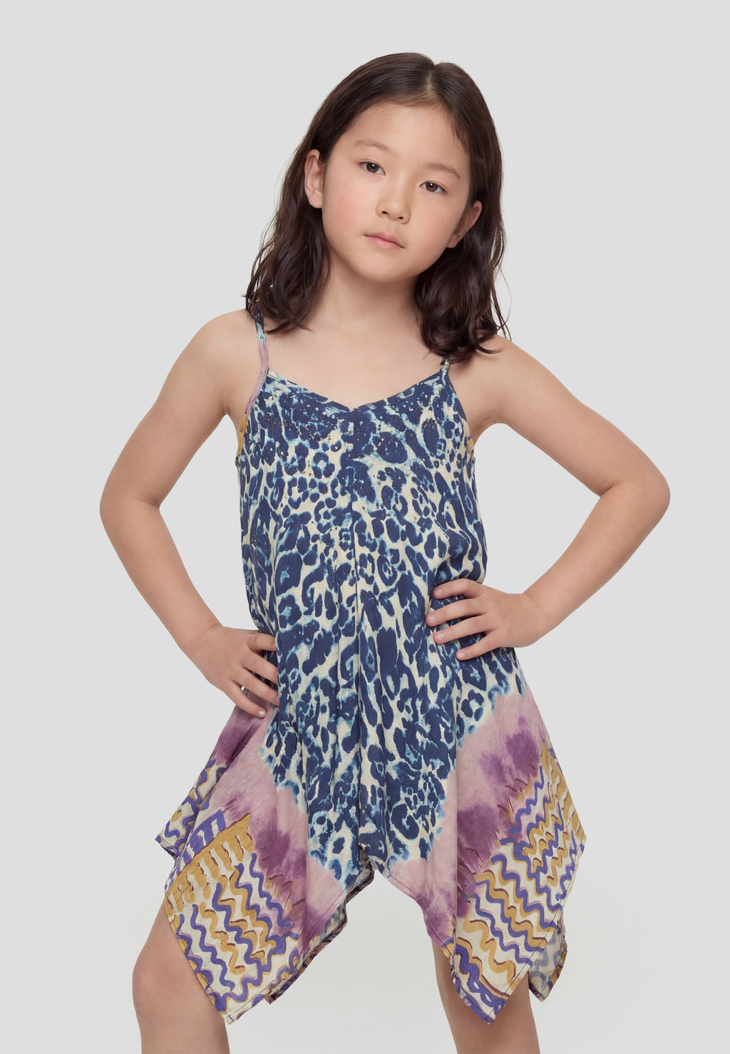 Abito da bambina con spalline blu con stampa animalier