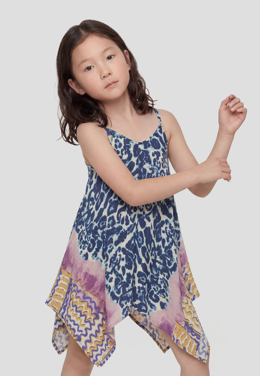 Abito da bambina con spalline blu con stampa animalier