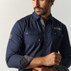 Herren Hemd Navy Langarm Multi-Pocket Maritim-Stil Plastrontaschen - KOROSHI