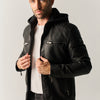 Men's Black Faux Leather Biker Jacket Detachable Hood - Koroshi