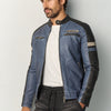 Men's Faux-Leather Biker Jacket Blue with Embroidery - Koroshi