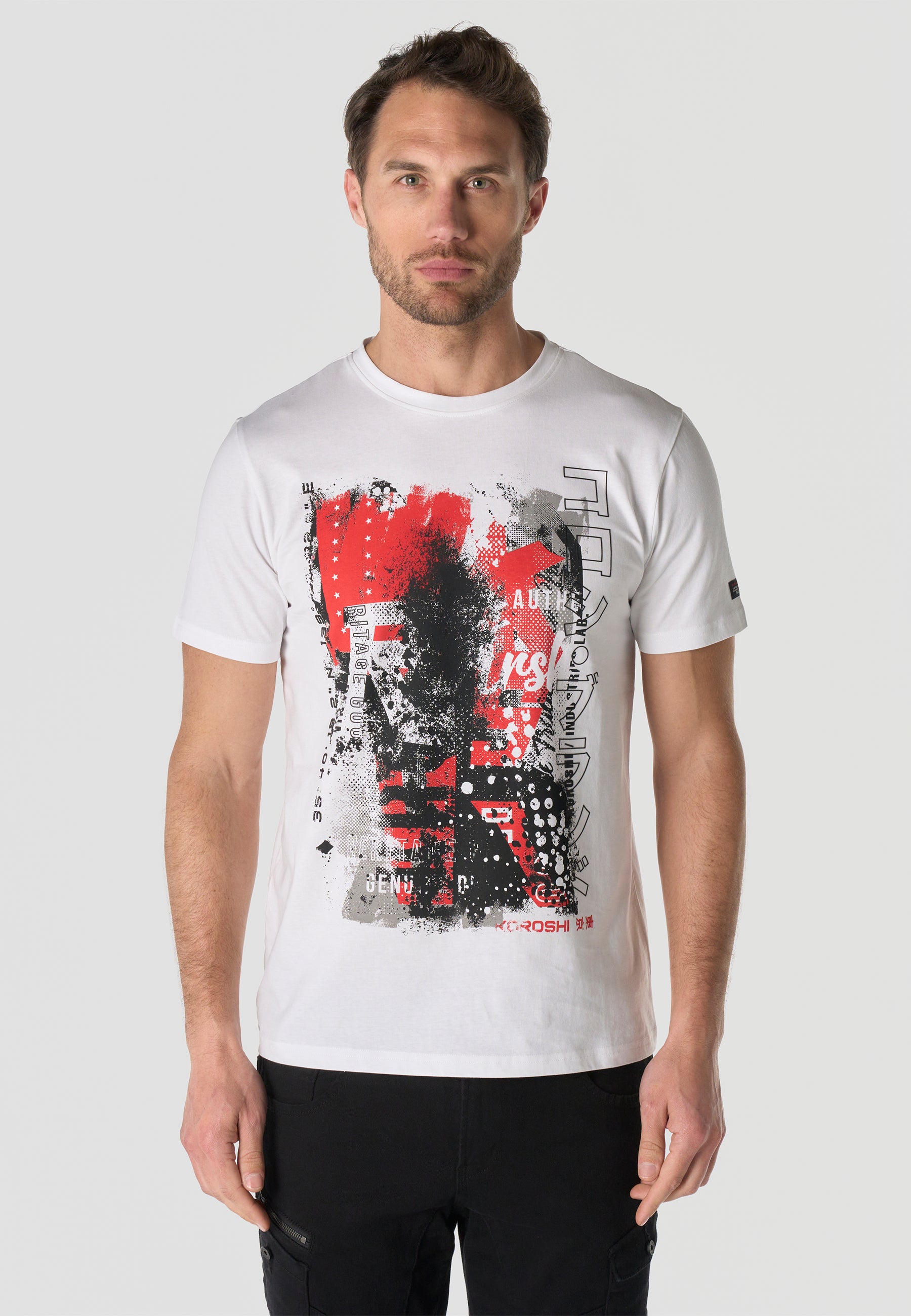 Herren T-Shirt Kurzarm Weiß Print Rundhals Regular Fit - Koroshi