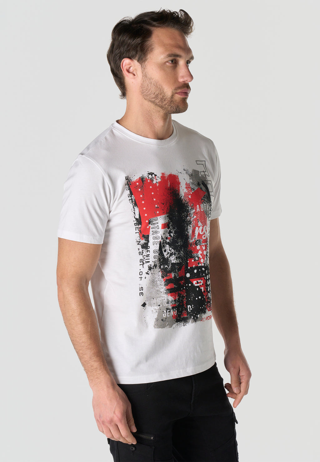 Herren T-Shirt Kurzarm Weiß Print Rundhals Regular Fit - Koroshi