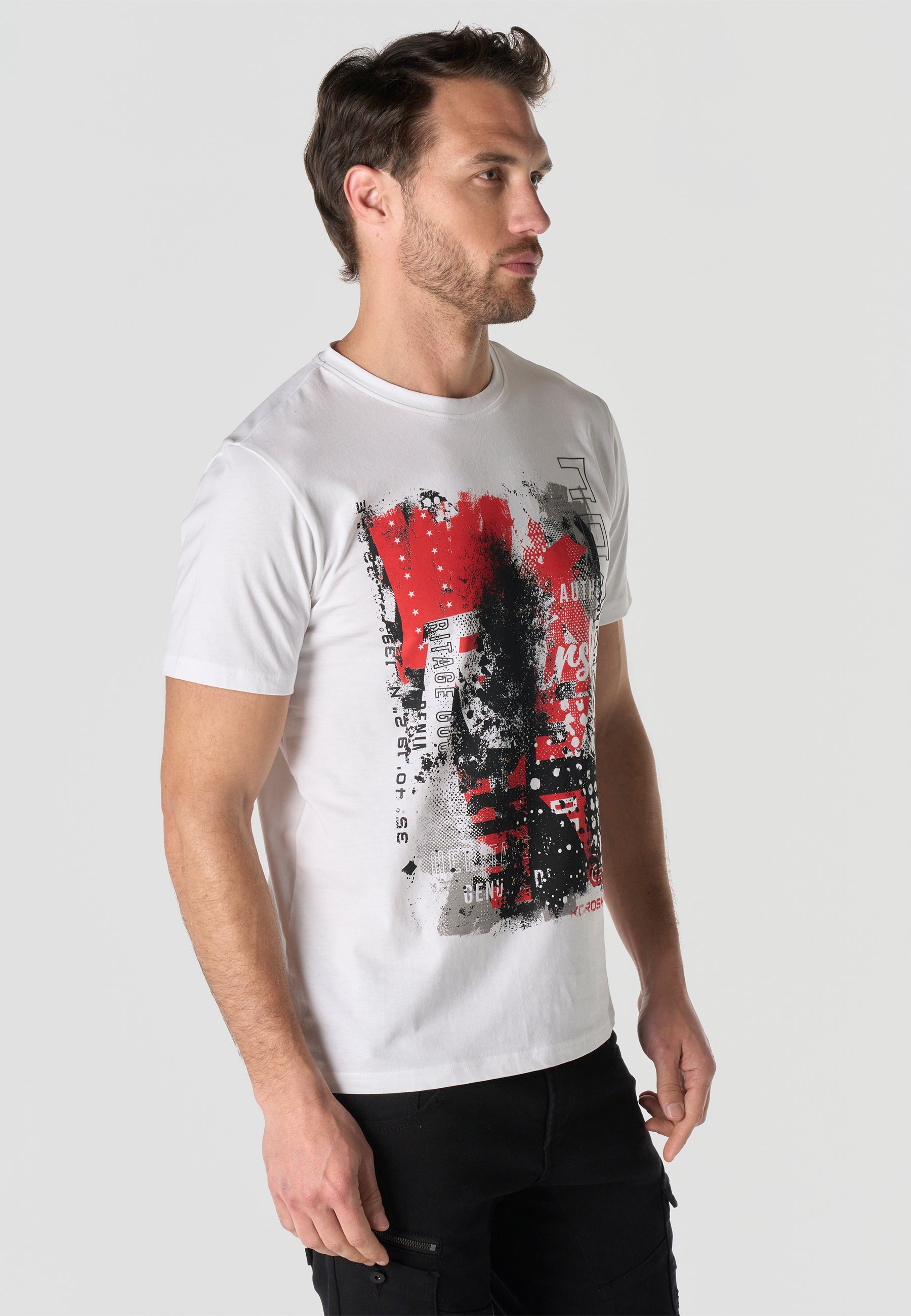 Herren T-Shirt Kurzarm Weiß Print Rundhals Regular Fit - Koroshi