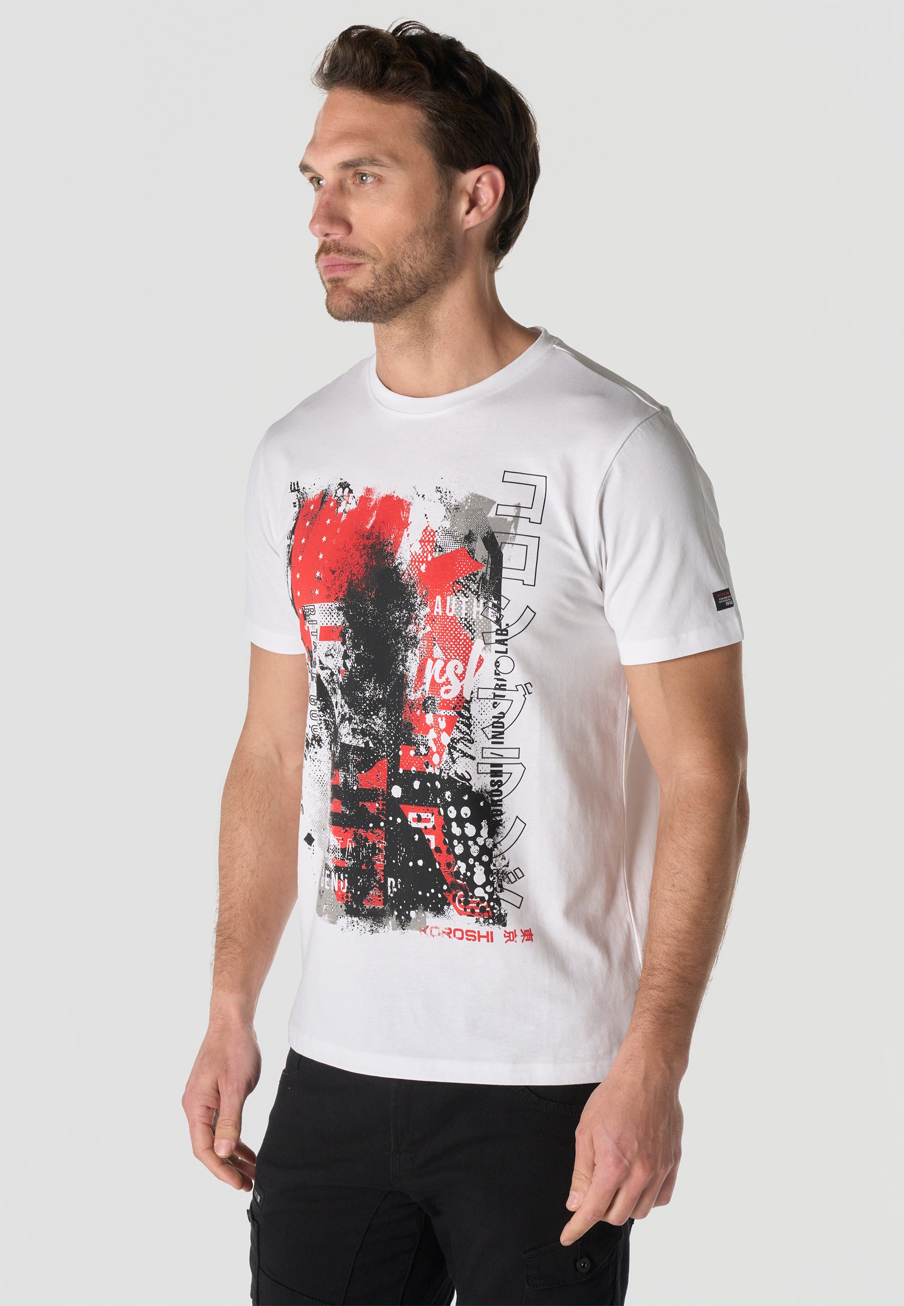 Herren T-Shirt Kurzarm Weiß Print Rundhals Regular Fit - Koroshi