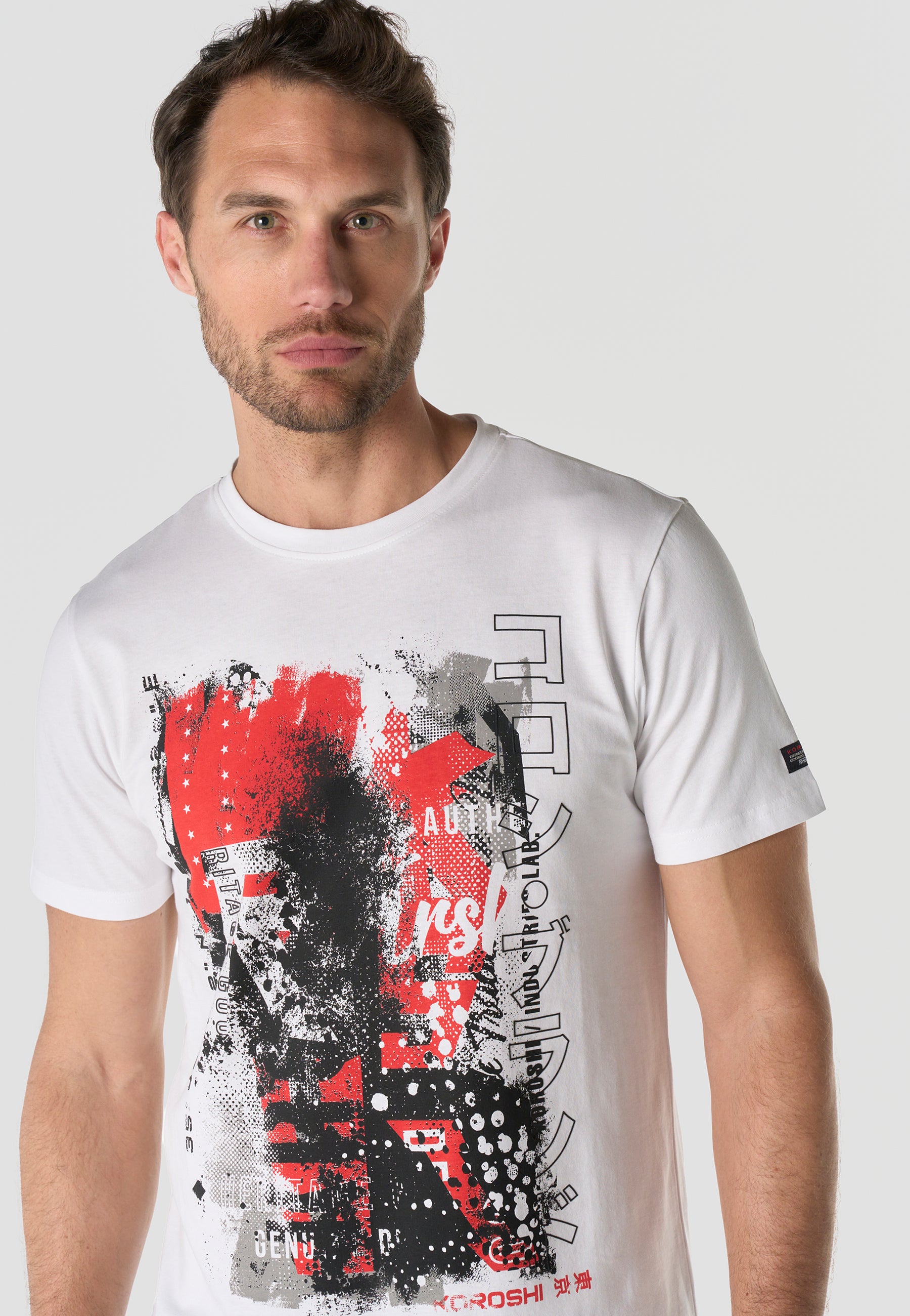 Herren T-Shirt Kurzarm Weiß Print Rundhals Regular Fit - Koroshi