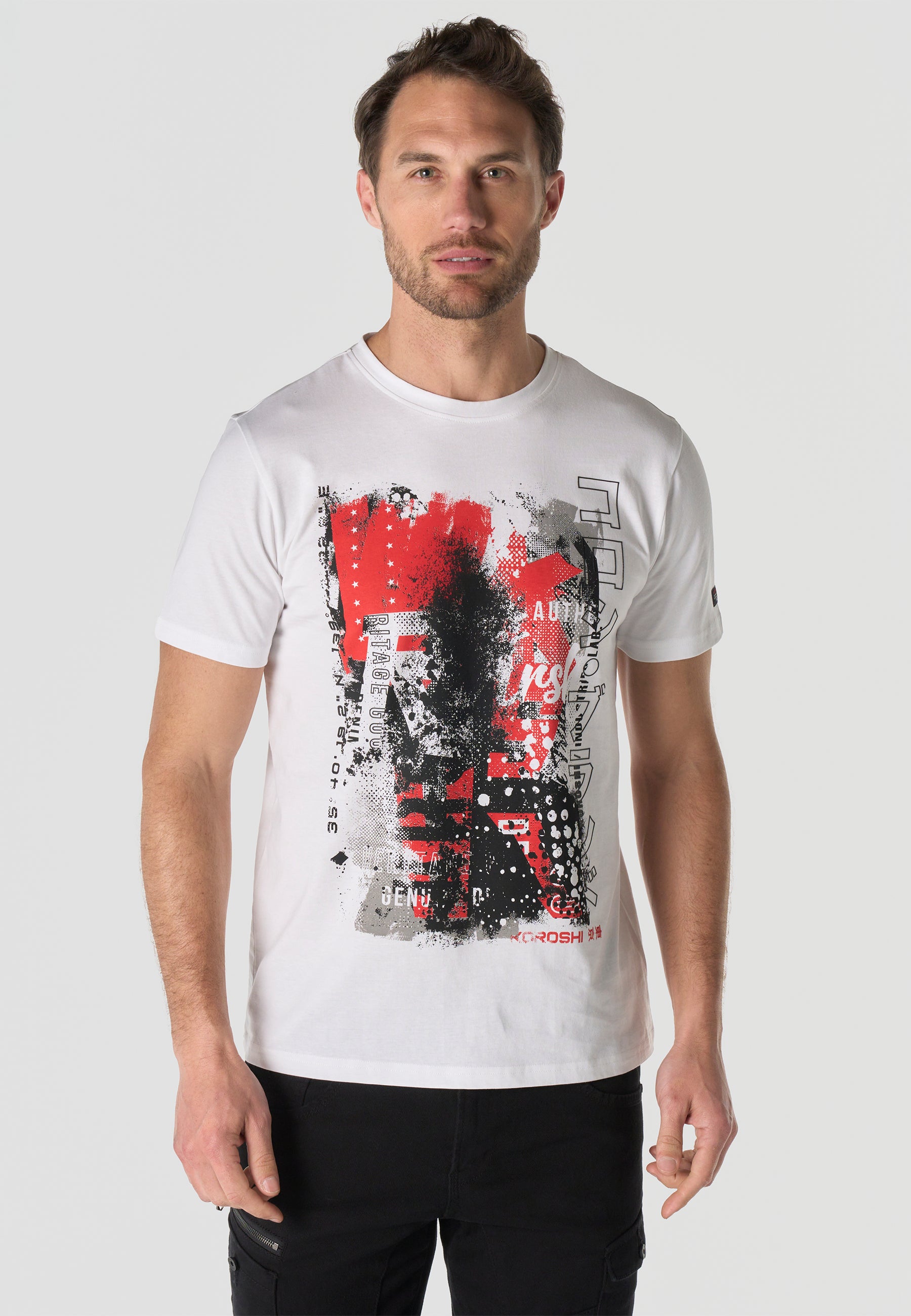 Herren T-Shirt Kurzarm Weiß Print Rundhals Regular Fit - Koroshi