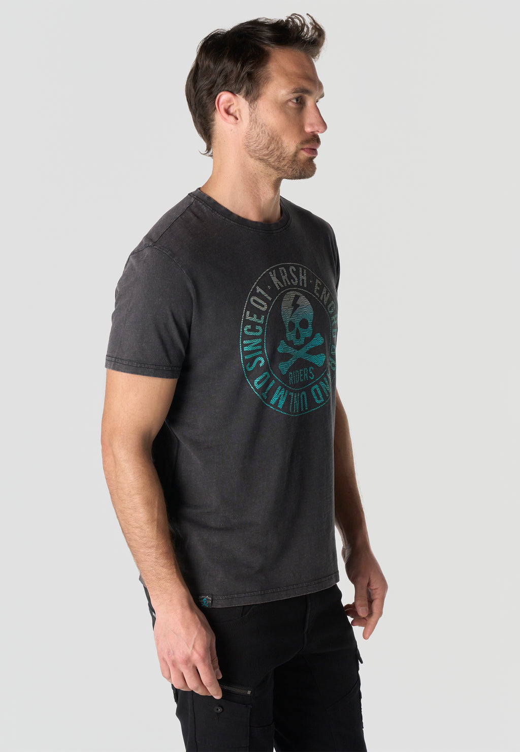Herren T-Shirt Kurzarm Schwarz Front-Print Used-Optik Rundhals - Koroshi