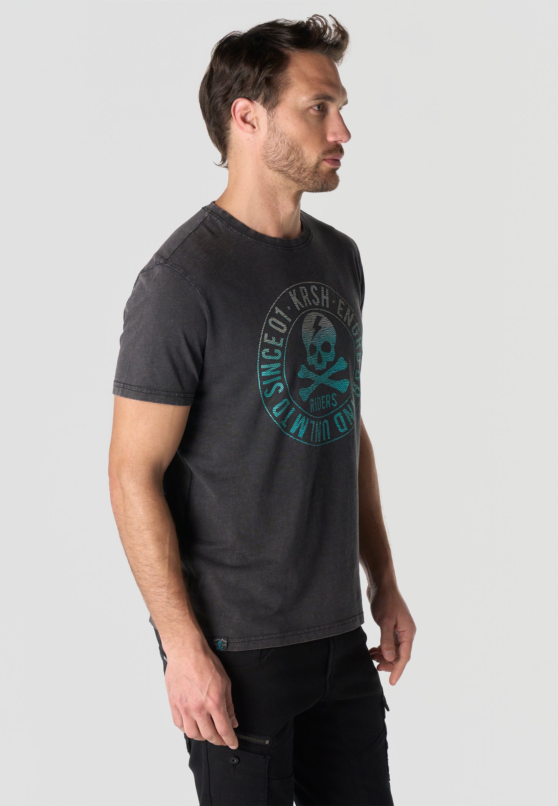 Herren T-Shirt Kurzarm Schwarz Front-Print Used-Optik Rundhals - Koroshi