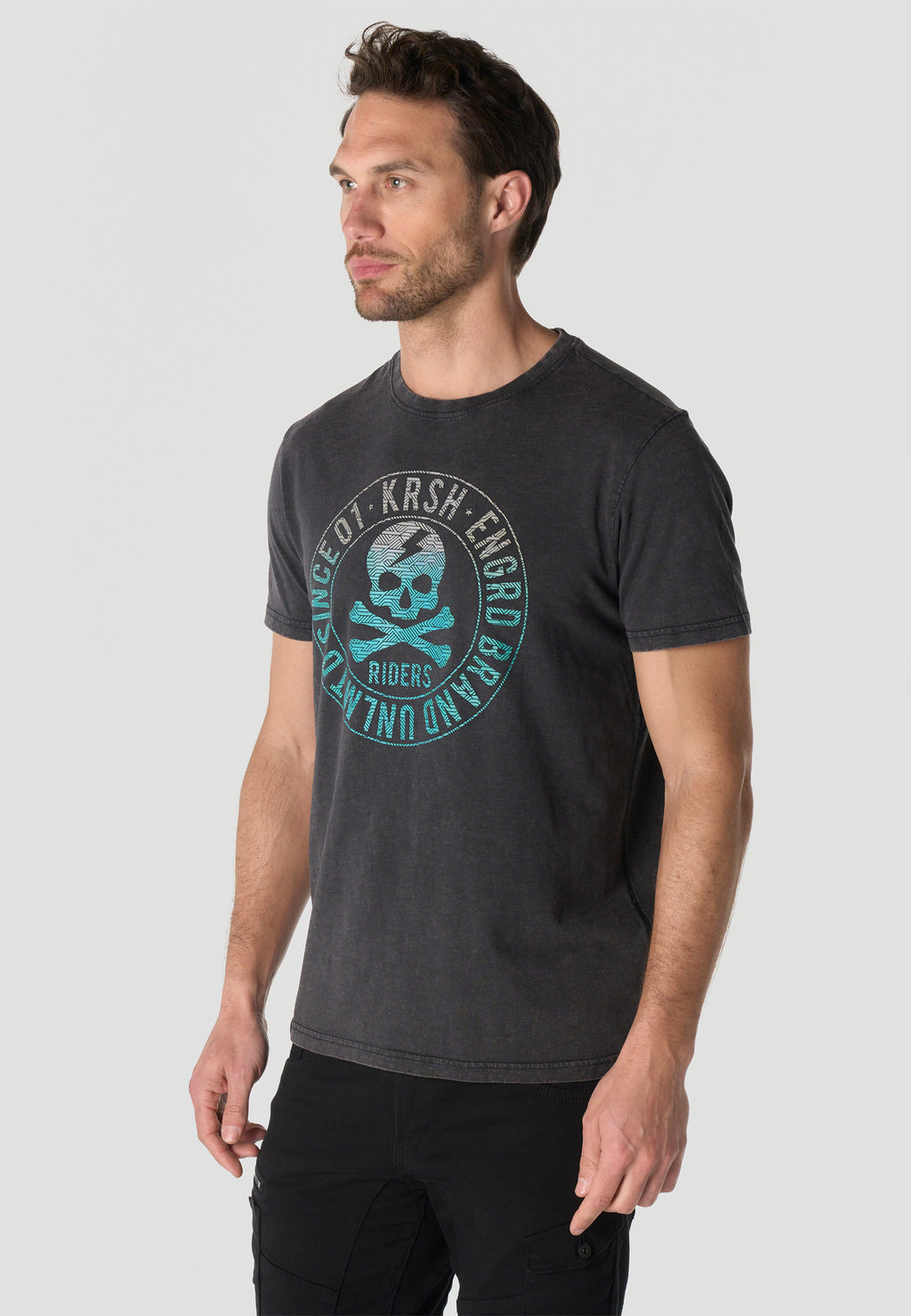 Herren T-Shirt Kurzarm Schwarz Front-Print Used-Optik Rundhals - Koroshi