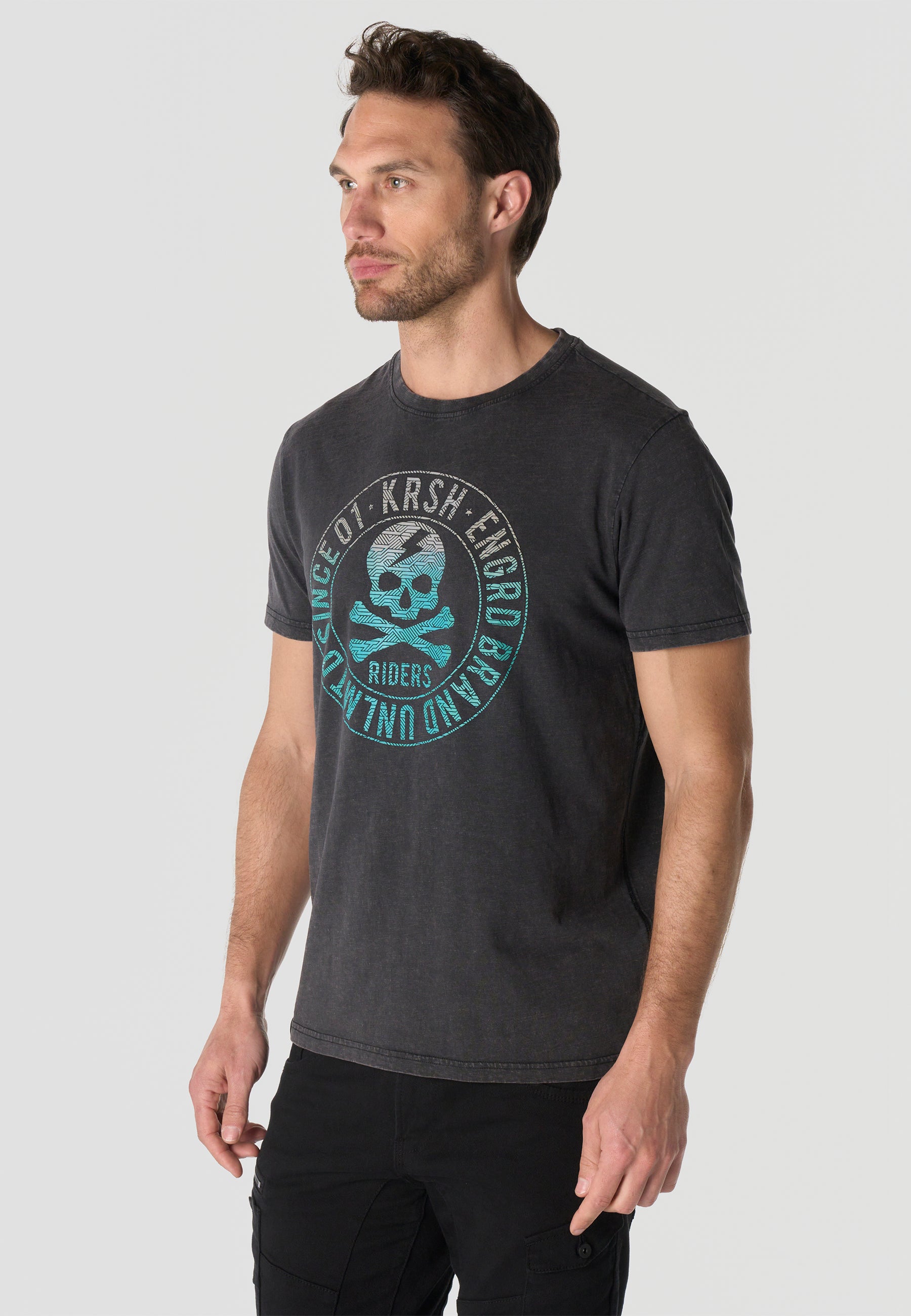 Herren T-Shirt Kurzarm Schwarz Front-Print Used-Optik Rundhals - Koroshi