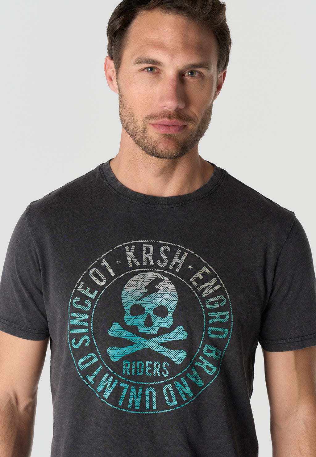 Herren T-Shirt Kurzarm Schwarz Front-Print Used-Optik Rundhals - Koroshi