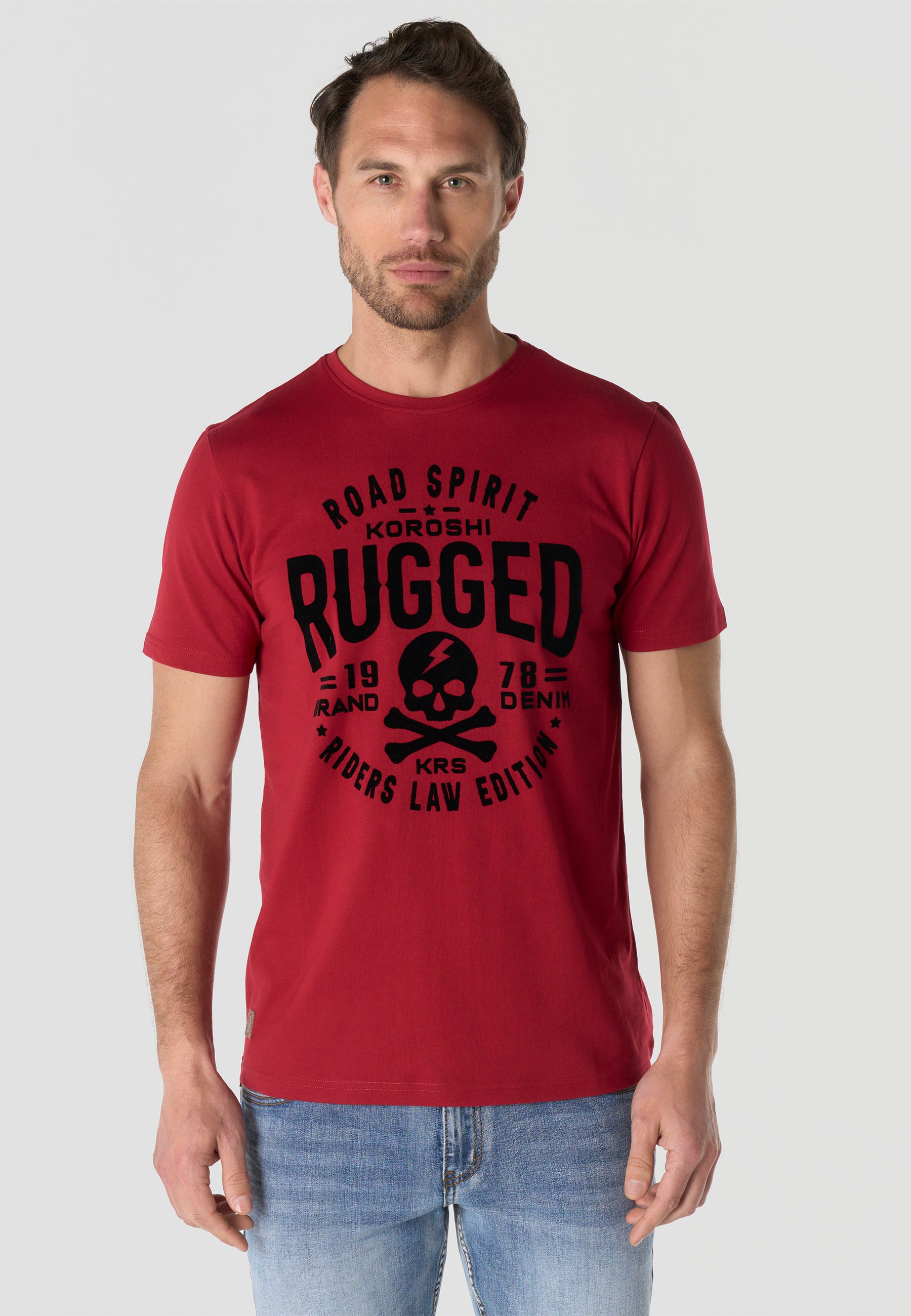 Herren T-Shirt Kurzarm Print Rundhals Regular Fit - Koroshi Rot