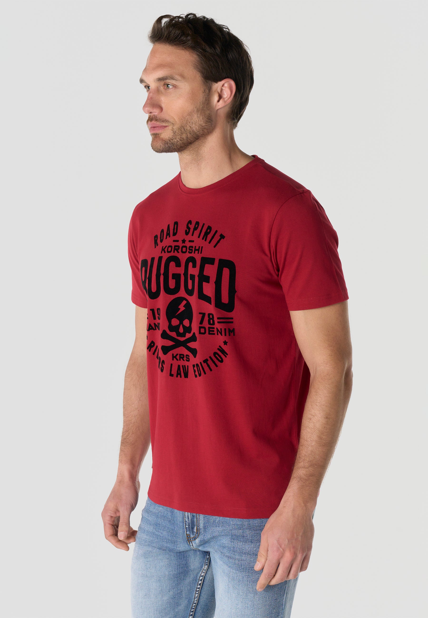 Herren T-Shirt Kurzarm Print Rundhals Regular Fit - Koroshi Rot