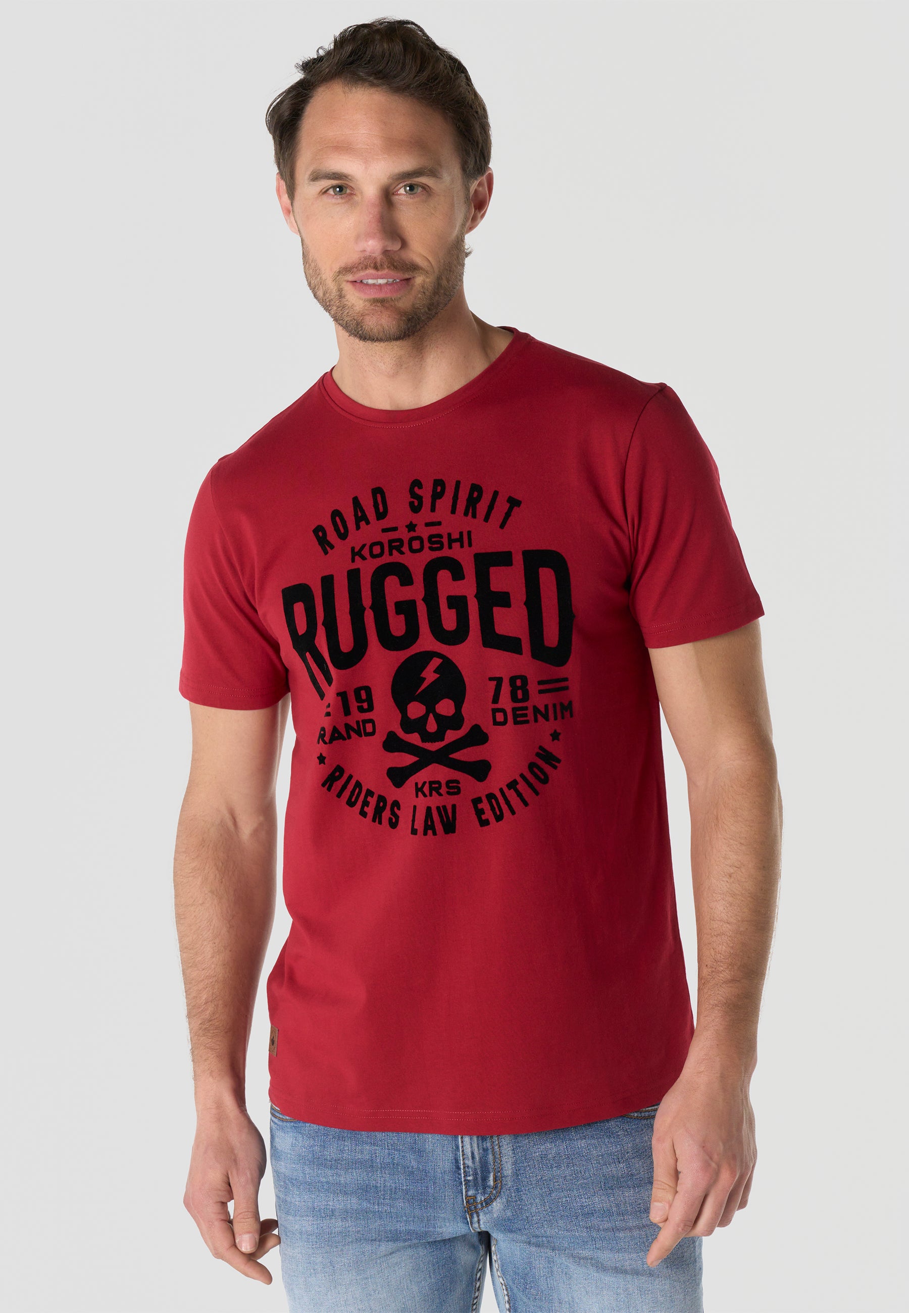 Herren T-Shirt Kurzarm Print Rundhals Regular Fit - Koroshi Rot