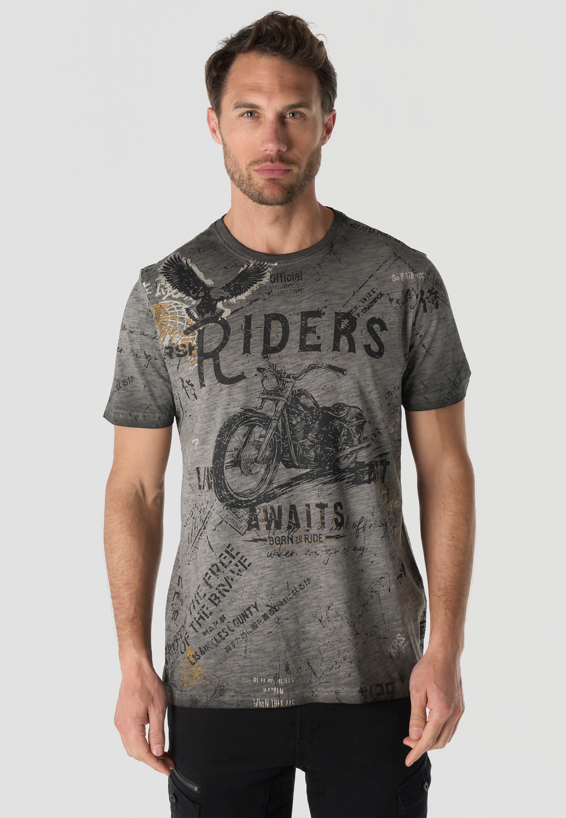 Herren T-Shirt Kurzarm All-Over-Print Grau Used-Optik Rundhals Regular Fit – Koroshi