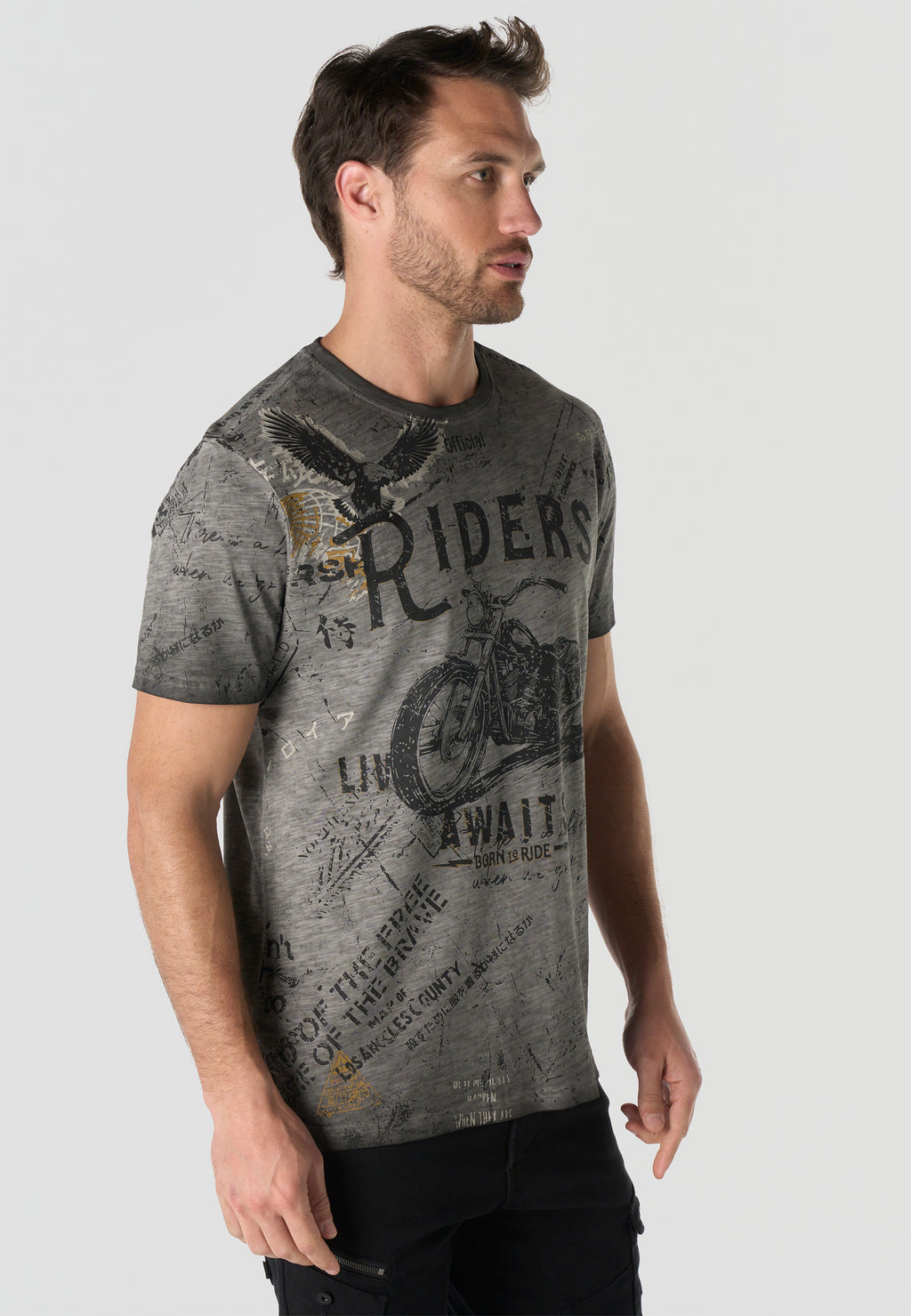 Herren T-Shirt Kurzarm All-Over-Print Grau Used-Optik Rundhals Regular Fit – Koroshi