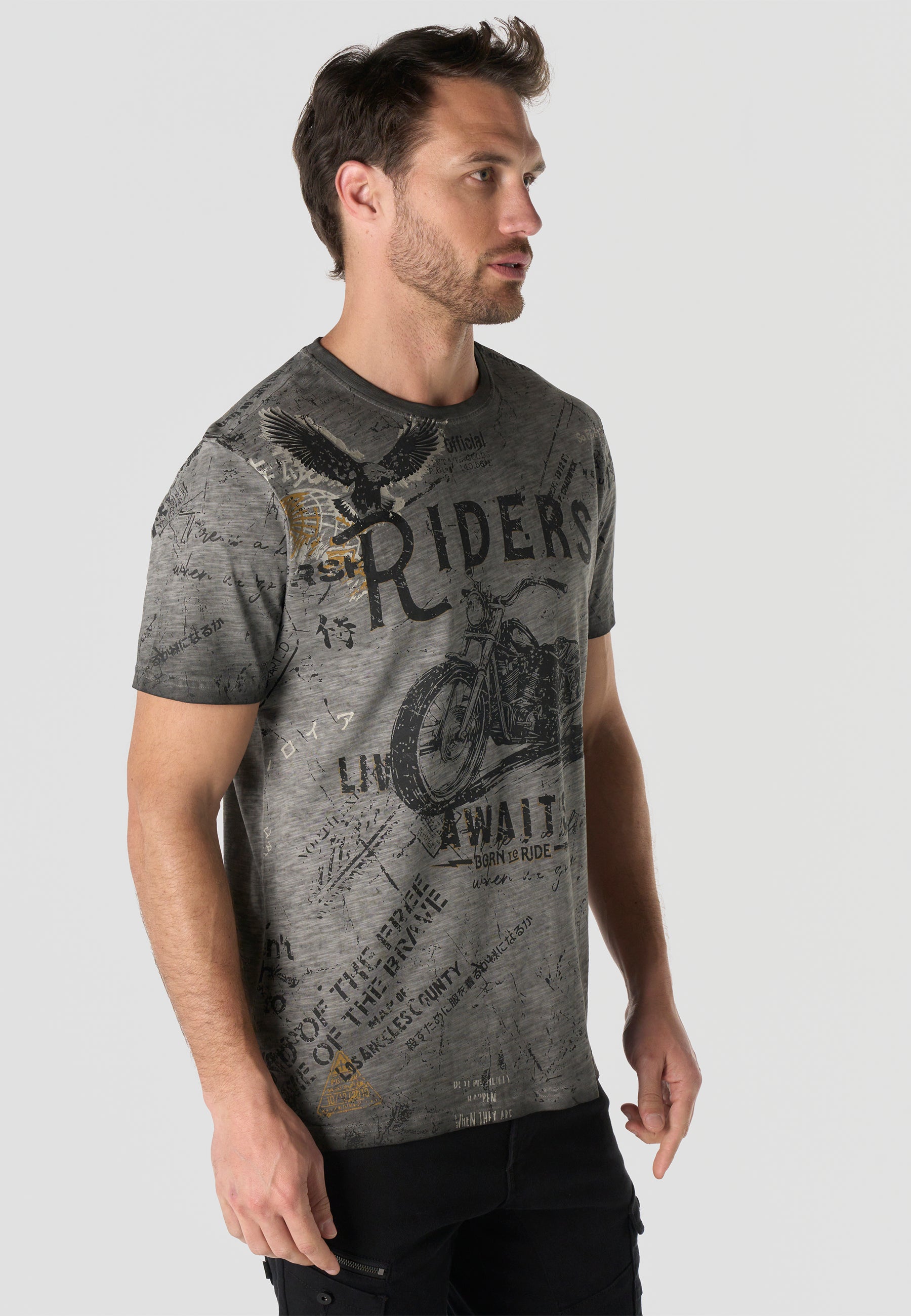Herren T-Shirt Kurzarm All-Over-Print Grau Used-Optik Rundhals Regular Fit – Koroshi
