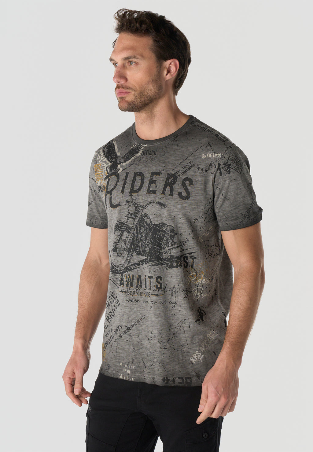 Herren T-Shirt Kurzarm All-Over-Print Grau Used-Optik Rundhals Regular Fit – Koroshi